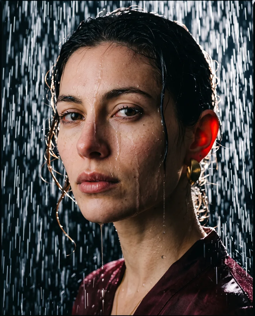 Yağmur altında model portresi, ıslak cilt ve saç detayı